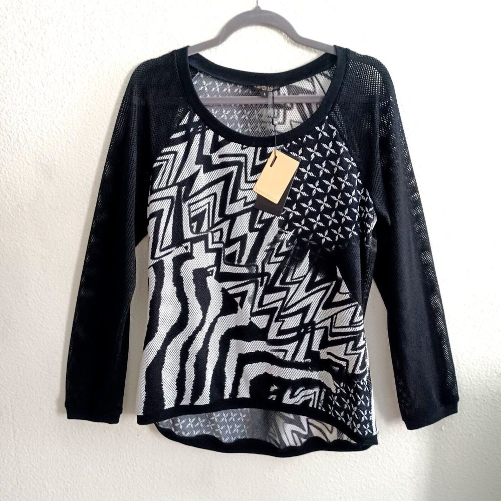 NWT Alberto Makali Mesh Geometrical Print Black White Top Sweater,sz.L